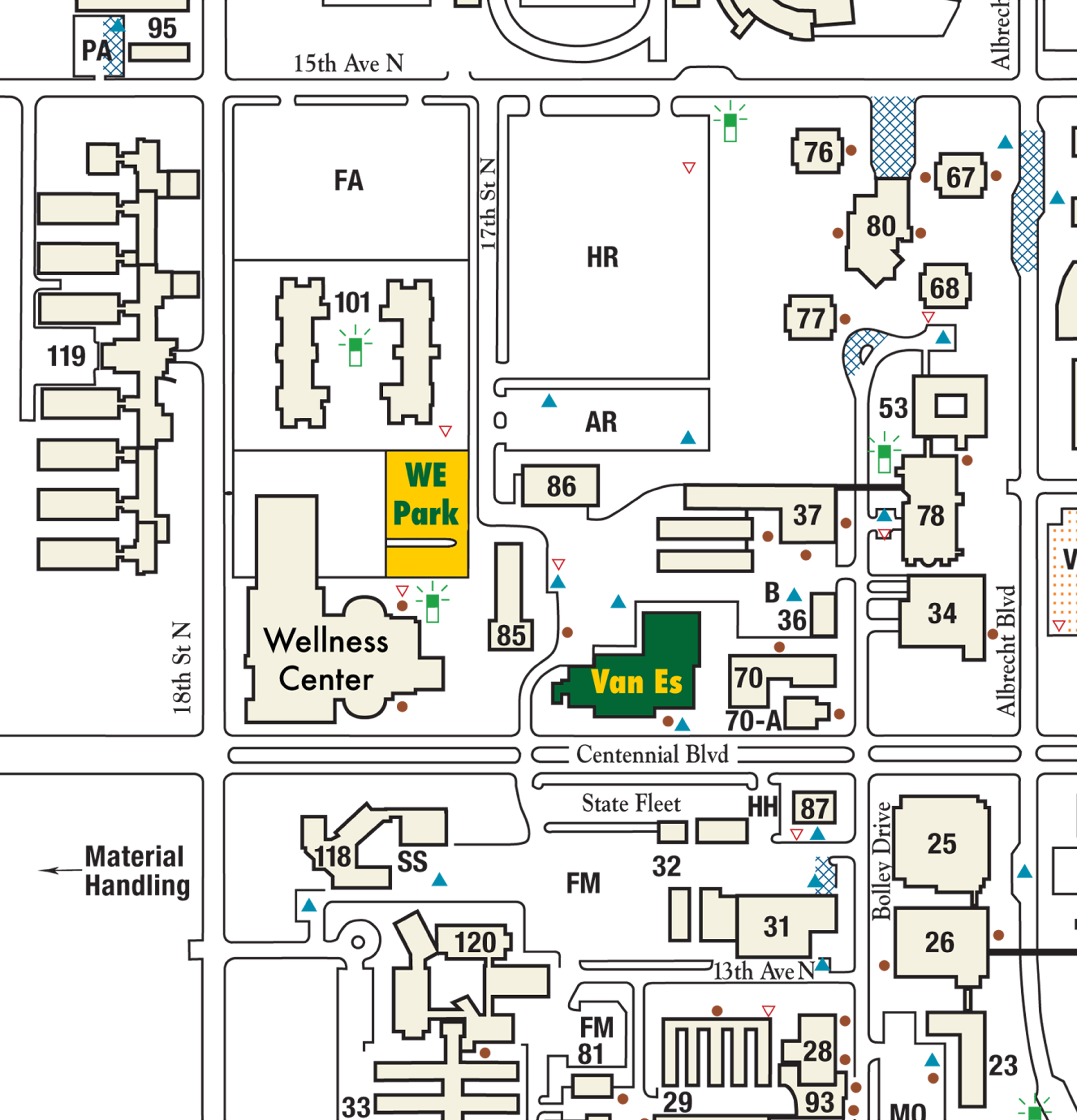 This is a map image of the location of Van Es on campus. Van Es Hall, 1523 Centennial Blvd., Fargo, ND 58102