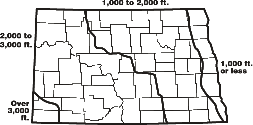 North Dakota Elevation Map: Altitude ranges from 800 feet in the east to 3,000 feet in the west.