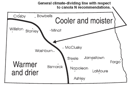 General climate map of North Dakota for canola production. The line separating cooler, moister areas from warmer, drier areas shifts east or west each year.