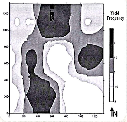 Yield map at Williston, N.D. shows lower yields on ridge slopes (SE-NW) and higher yields on level areas above/below slopes (SW-NE).