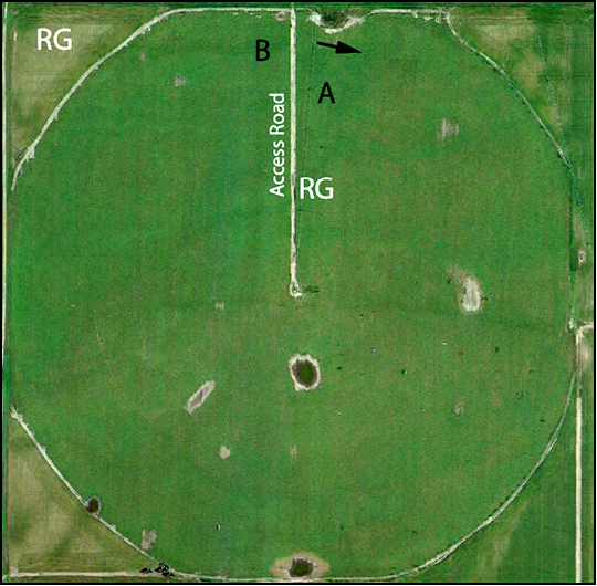 Figure 2. Each center pivot should have two rain gauges, one in the dryland corner and one along the access road. Soil moisture deficit should be measured at points A and B.