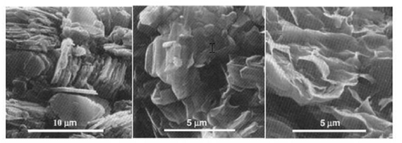 Figure 6. Electron micrographs of kaolinite (left), illite (center) and smectite (right).