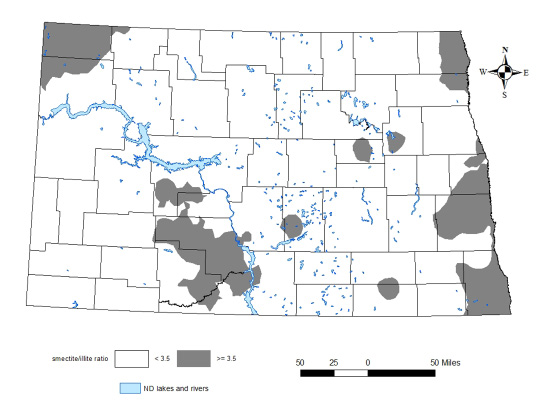 Figure 10. In ND, smectite/illite ratios ≥3.5 have critical K level of 200 ppm (gray), and <3.5 has 150 ppm K (white).