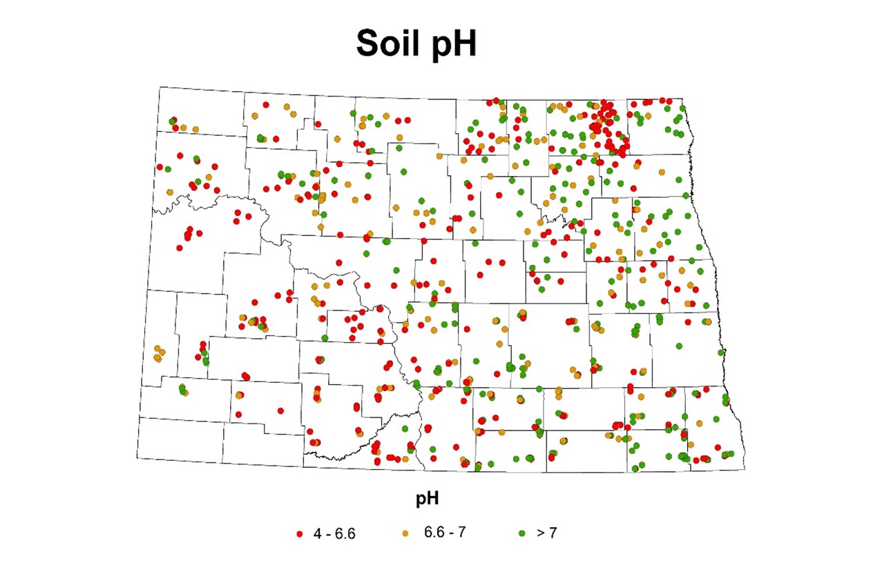 Map of ND showing pH levels across the state in 2020 and 2021.