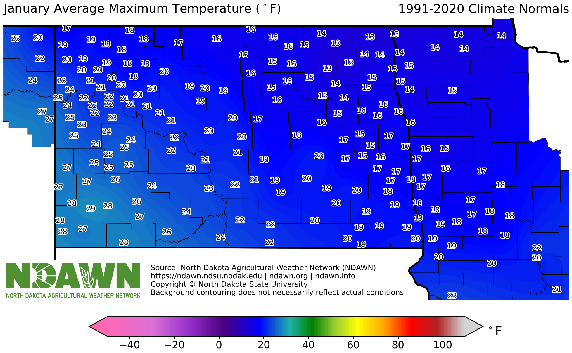 Map of January Average Maximum Temperatures in ND 1991-2020