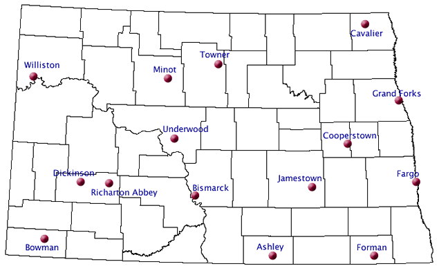 North Dakota map with lager cities and towns marked