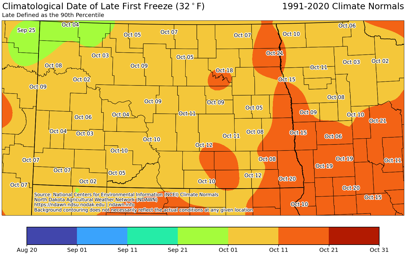 Map of Climatological Date of Late First Freeze in ND