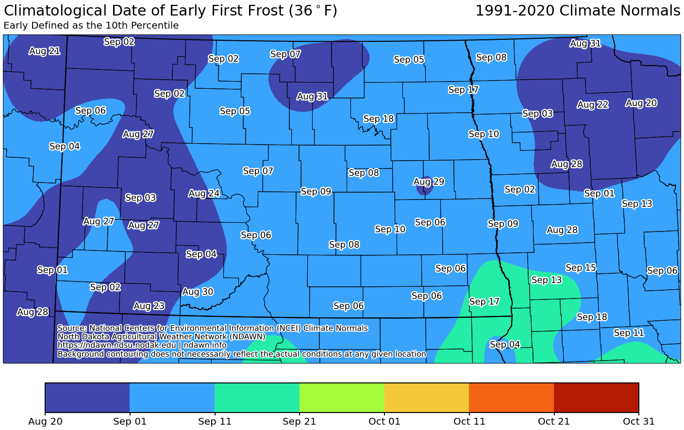 Map of Climatological Date of Early First Frost in ND