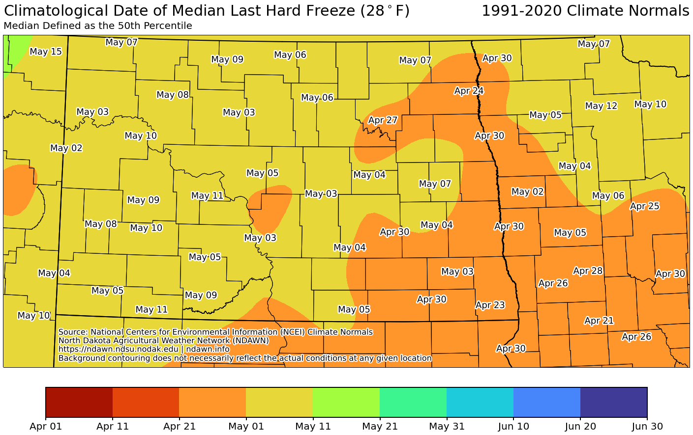 Map showing latest freeze (32 degrees) in North Dakota (1991-2020 normals)