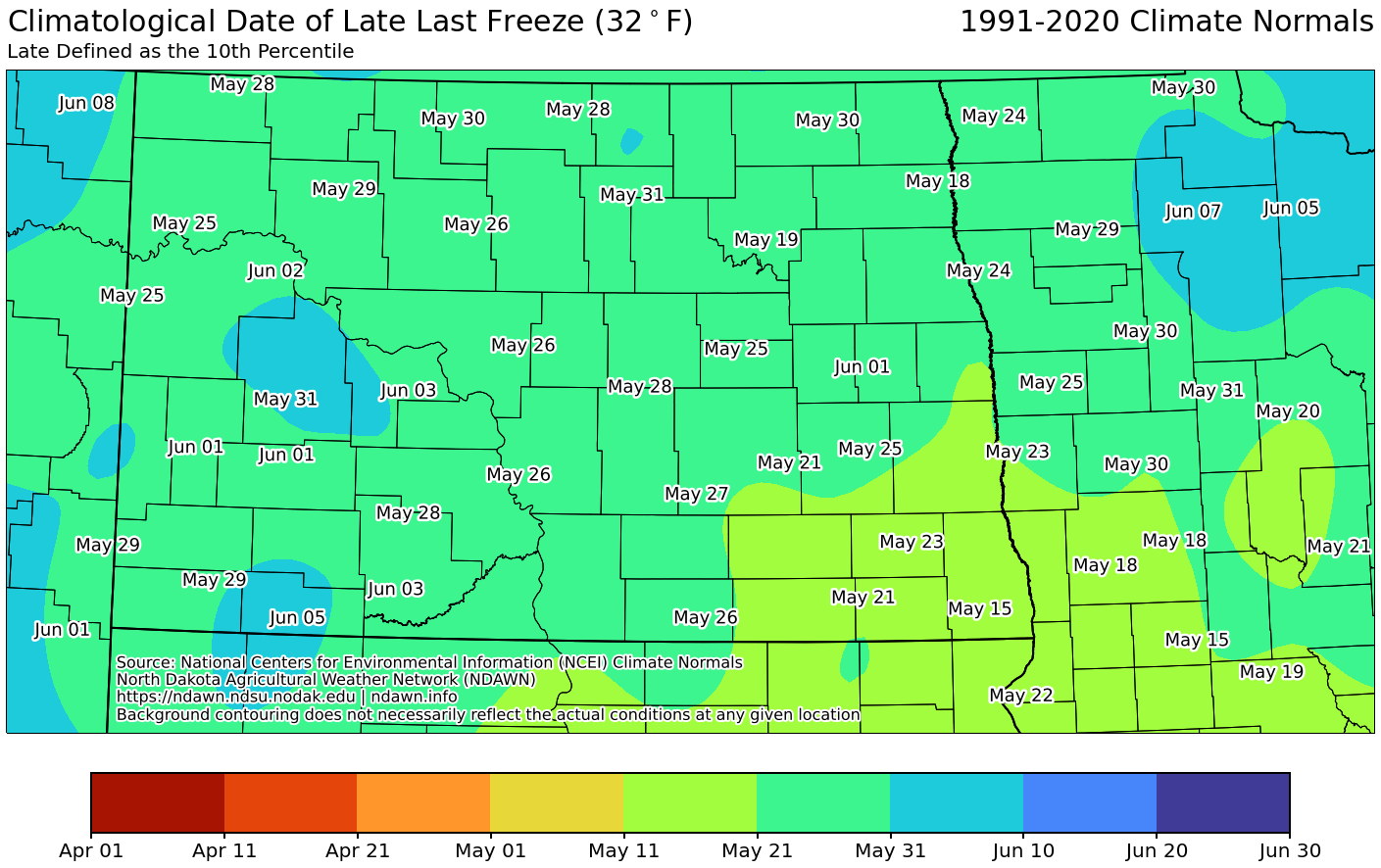 Climatologic Date of Late Last Hard Freeze in ND