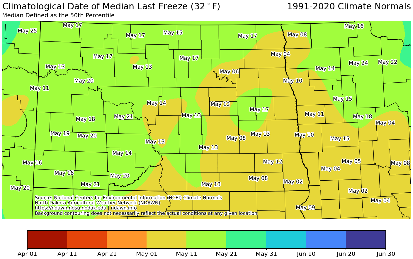 Map of Climatological Date of Median Last Freeze 