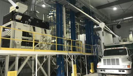 The Carrington Research Extension Center seed mill has cleaners, sorters, and air handlers in a building large enough to accommodate a grain truck.