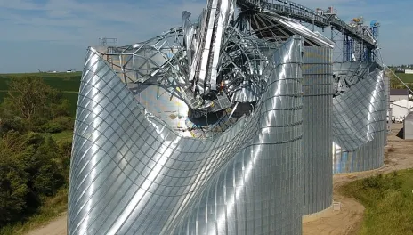 Grain bin damaged by wind