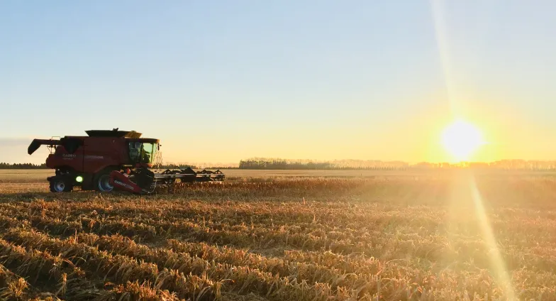 tractor in a field at sunset