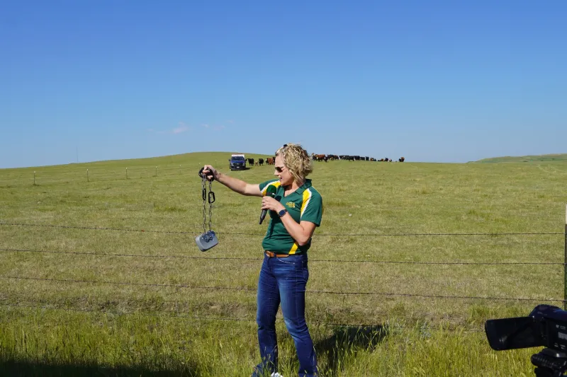 Woman demonstrates livestock gear 