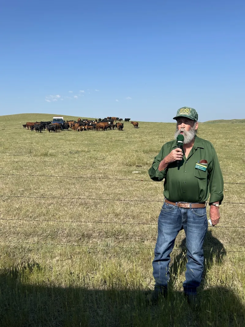 A man speaks to a crowd and there's cattle in the background in a field