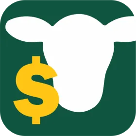 An app icon with a green background featuring small yellow dollar signs and a larger white farm animal head.